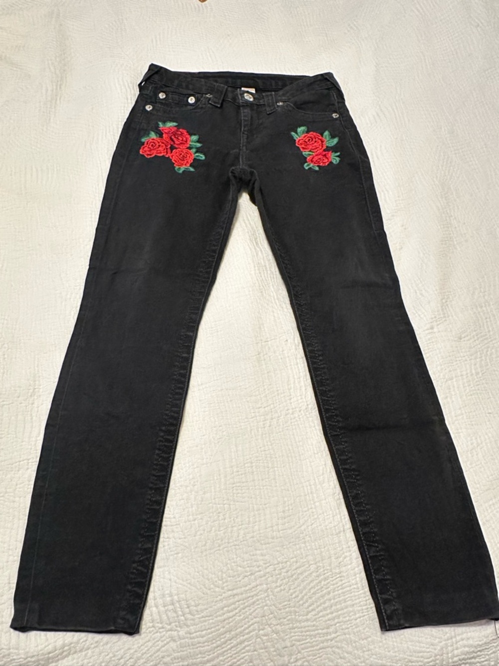 True Religion Black Skinny Jeans with Red Floral Embroidery
